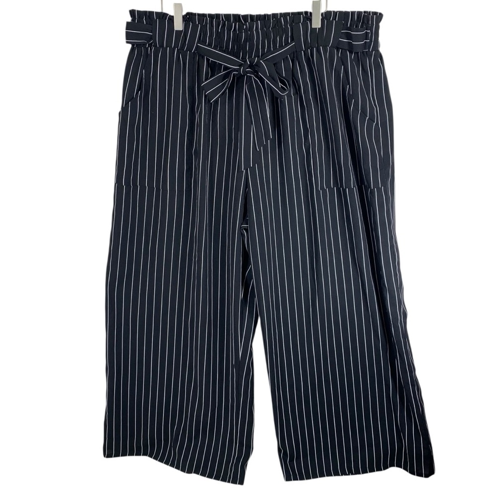 Women's Black Pinstripe Paperbag Waist Wide-Leg Pants